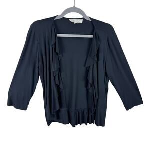 Pointelle Black 3/4 Sleeve Ruffled Lightweight Stretchy Cropped Open Blouse Sz L